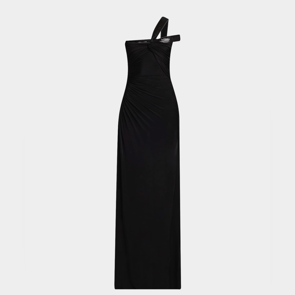 TOM FORD Sequin Twisted One-Shoulder Jersey Slit Gown Black Maxi Dress